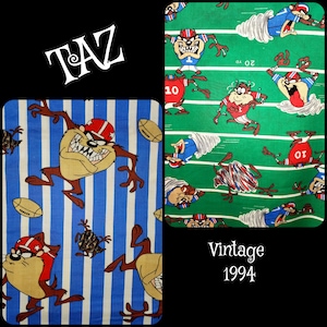 Puede incluir: Una tela a rayas azules y blancas con un personaje de dibujos animados de Taz con un uniforme de fútbol. La tela tiene el texto "TAZ" en la esquina superior izquierda y "Vintage 1994" en la esquina inferior derecha.