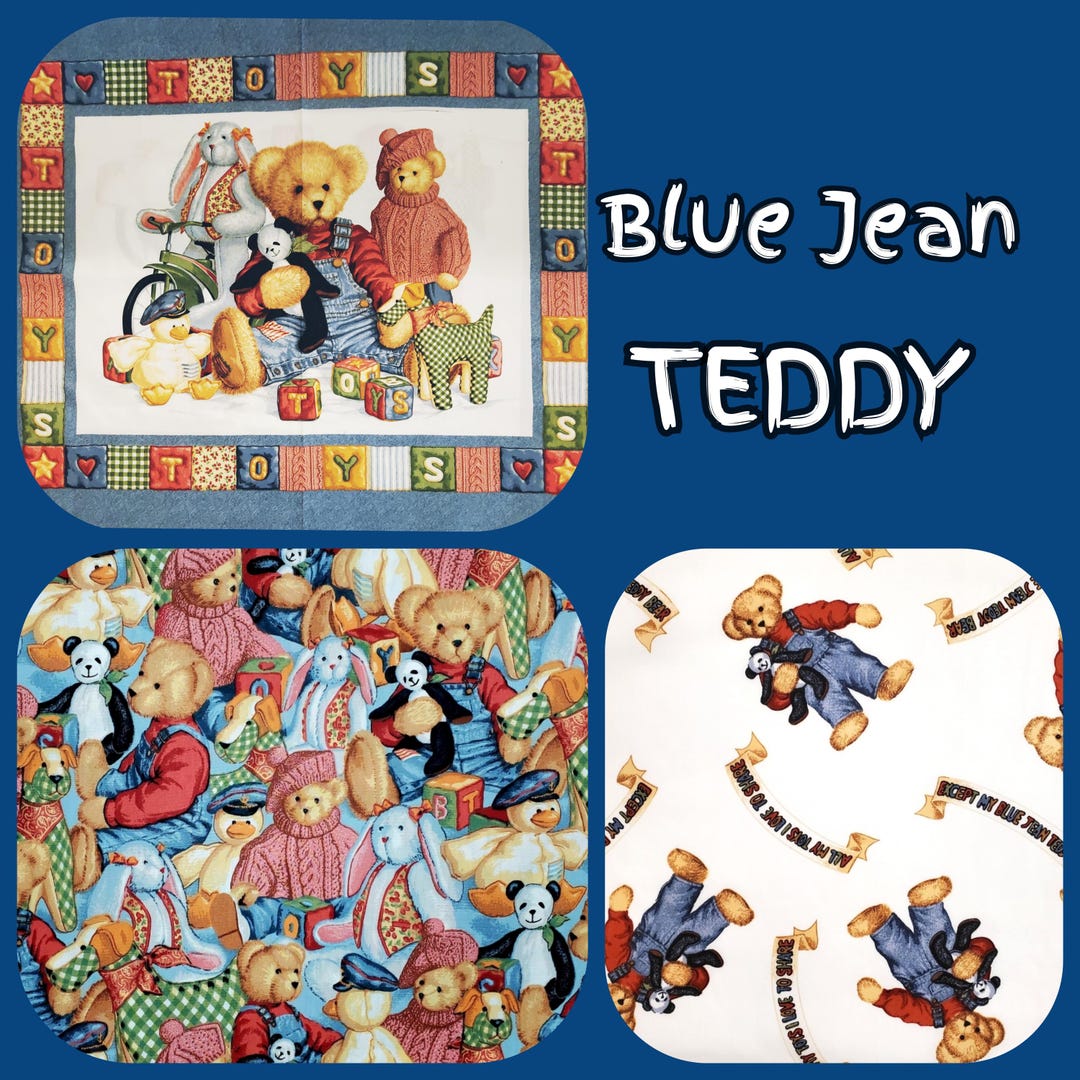 FABRIC by Yard or PANEL Teddy Bear Blue Jean Denim & Toys I SPY
