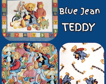 FABRIC by Yard or PANEL Teddy Bear Blue Jean Denim & Toys I SPY quilt crafts boys girls clothes decor nursery bibs toddler