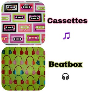 Fabric Cassettes Retro Mix Tape/Beatbox Headphones Retro music Audio Cans 100% cotton FQ 1/2 Yd ideal for quilts crafts decor aprons totes