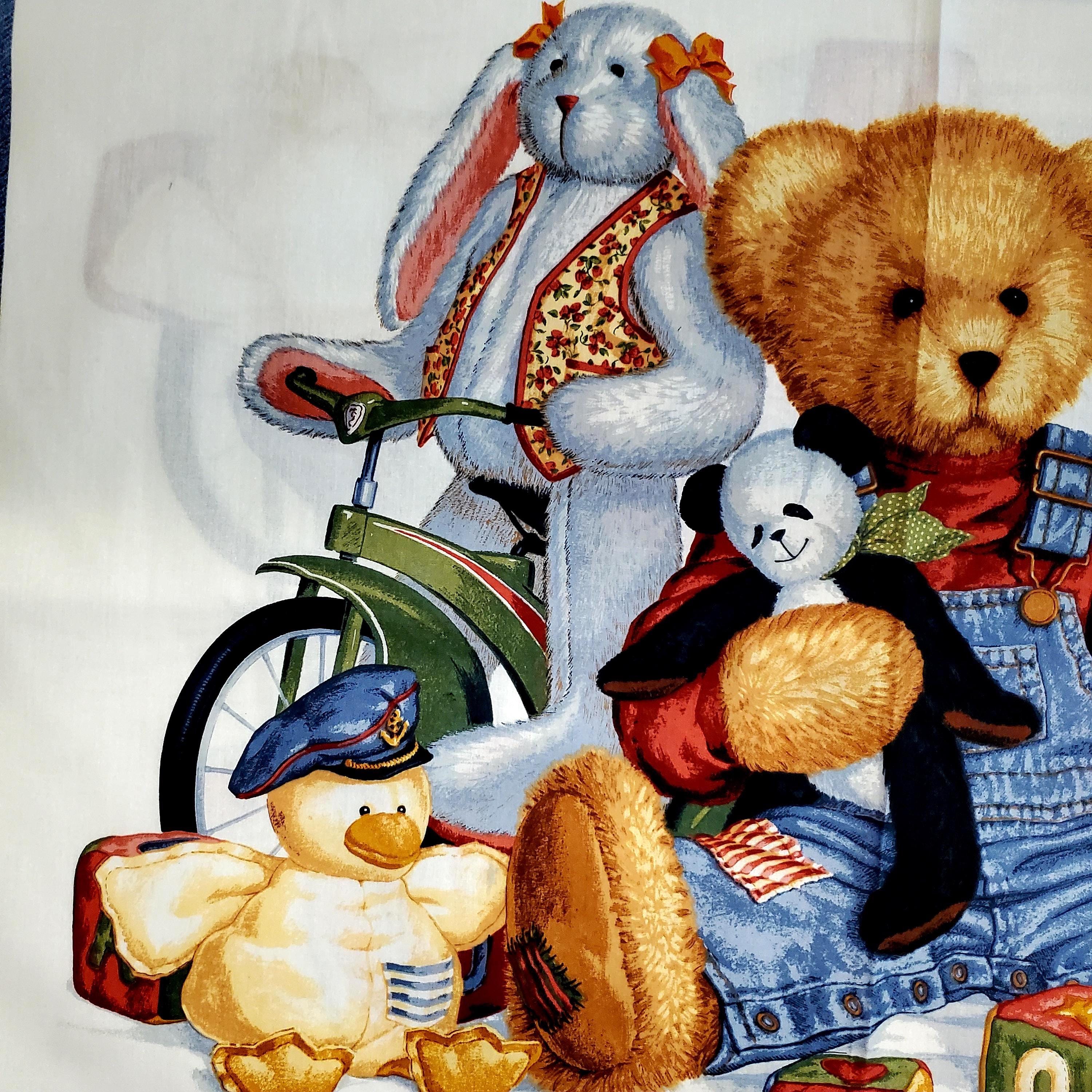 FABRIC by Yard or PANEL Teddy Bear Blue Jean Denim & Toys I SPY
