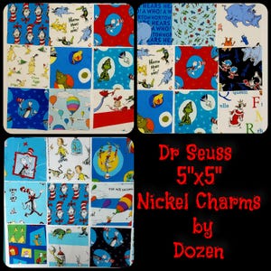 May include: A set of 12 Dr. Seuss themed nickel charms, each measuring 5 inches by 5 inches. The charms feature various characters and scenes from Dr. Seuss books, including The Cat in the Hat, Horton Hears a Who!, and Green Eggs and Ham.