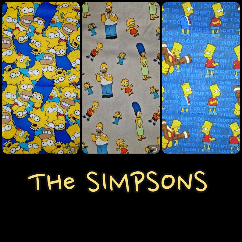 May include: Three fabric swatches with different designs featuring the Simpsons characters. The first swatch is blue with yellow Simpsons characters. The second swatch is beige with yellow Simpsons characters. The third swatch is blue with yellow Simpsons characters and the text 'I didn't do it' repeated in white.