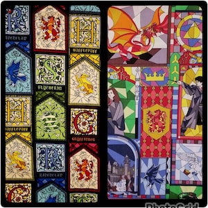 May include: A colorful stained glass window design featuring the Hogwarts house crests: Gryffindor, Hufflepuff, Ravenclaw, and Slytherin. The crests are surrounded by various symbols and designs, including a dragon, a snake, and a phoenix.