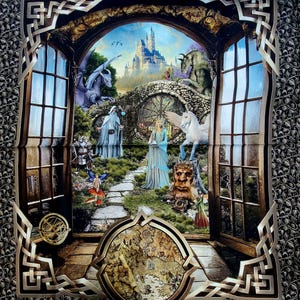 May include: A fantasy-themed fabric panel with a detailed illustration of a castle, a dragon, a unicorn, and other mythical creatures. The panel is framed by a decorative border with a Celtic knot design.