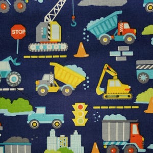 FABRIC Trucks Construction Dumps Trucks Cranes, Diggers Mixers 100% premium quilting cotton 1/2 yd FQ kids decor boy nursery  Navy OR Black