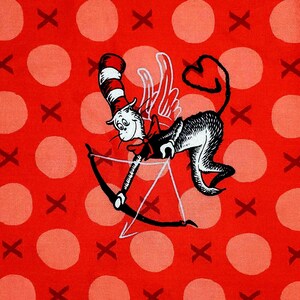 May include: A whimsical illustration of a cat-like character with a red and white striped hat, bow tie, and wings, holding a bow and arrow. The design is set against a red background with white polka dots and black 'X' shapes.