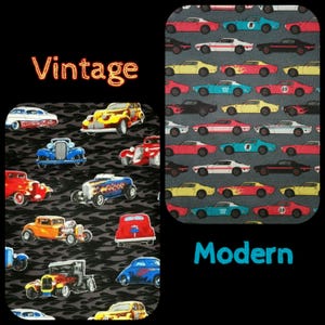 TELA Autos Vintage/Moderno Hot Rods Matchbox Acolchado Divertido 100% algodón vendido por FQ/media yarda/yd gorros de quirófano baberos, pañuelos, delantales manualidades apliques