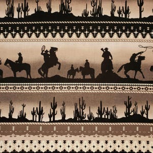 Fabrics Retro Sundown Western Cowboys Horses Cactus Lassos sold by Yd 1/2 yd/FQ 100% Cotton quilting cotton DIY for scrubs/ caps crafts HTF