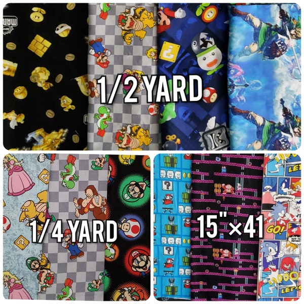 FABRIC Mario Brothers Donkey Kong Sonic ZeldaNintendo Yoshi Toad Luigi 100% quilting cotton for scrub caps crafts HTF by 1/2 & 1/4 yard