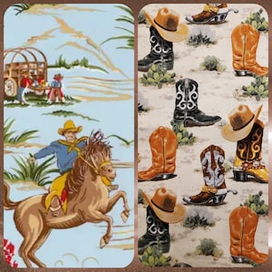 Fabrics Retro Western Boots/Cowboys Horses Chuck Wagon Roundup 100% Cotton quilting cotton DIY for scrubs/ caps crafts HTF by Yd 1/2 yard FQ