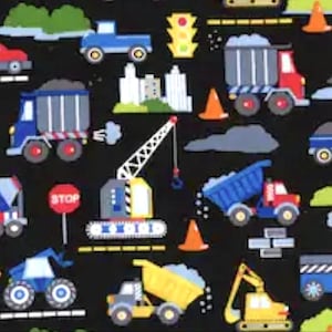 FABRIC Trucks Construction Dumps   Navy OR Black Cranes, Diggers Mixers 100% premium quilting cotton 1/2 yd FQ kids decor boy nursery