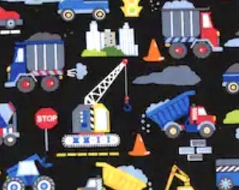 FABRIC Trucks Construction Dumps   Navy OR Black Cranes, Diggers Mixers 100% premium quilting cotton 1/2 yd FQ kids decor boy nursery
