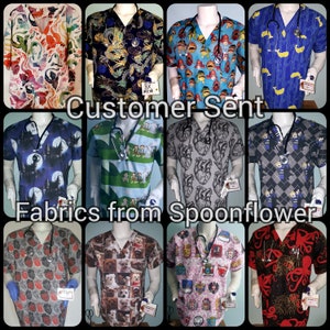 May include: A collage of 10 different fabric designs for scrubs. The designs include a variety of themes, such as hearts, fish, dragons, and cartoon characters. The text "Customer Sent Fabrics from Spoonflower" is displayed in the center of the collage.