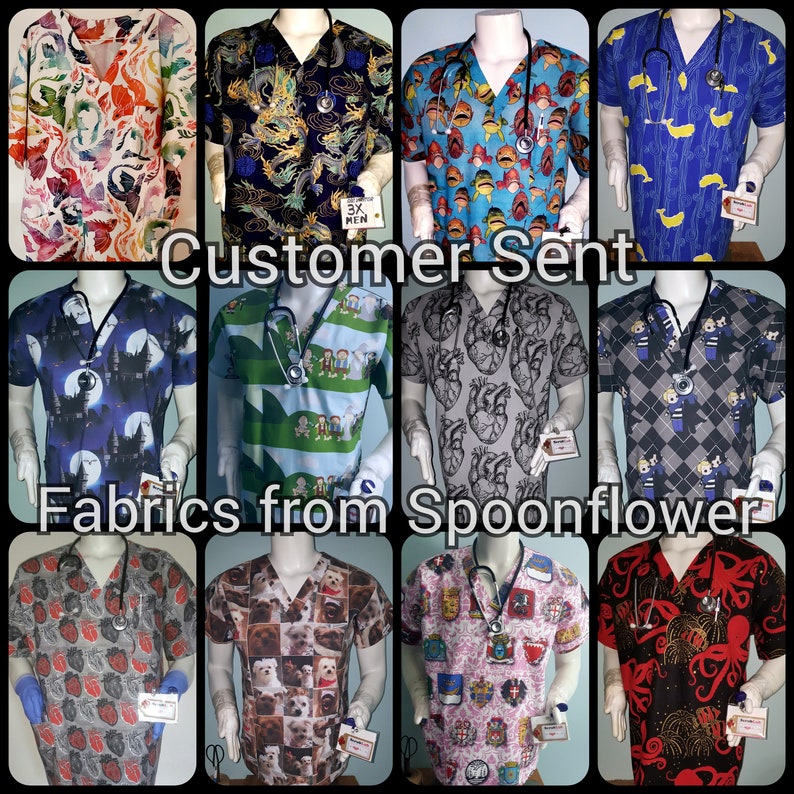 May include: A collage of 10 different fabric designs for scrubs. The designs include a variety of themes, such as hearts, fish, dragons, and cartoon characters. The text "Customer Sent Fabrics from Spoonflower" is displayed in the center of the collage.