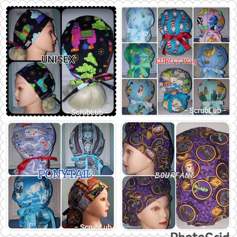 May include: A collage of images showcasing different styles of surgical caps. The caps are made of colorful fabrics with various patterns, including cartoon characters, animals, and geometric designs. The caps are labeled with the words 'Unisex', 'Ponytail', 'Bouffant', and 'Euro 2 Way'. The caps are displayed on mannequins with different hair styles. The image also includes the words 'ScrubLub' and 'PhotoGrid'.