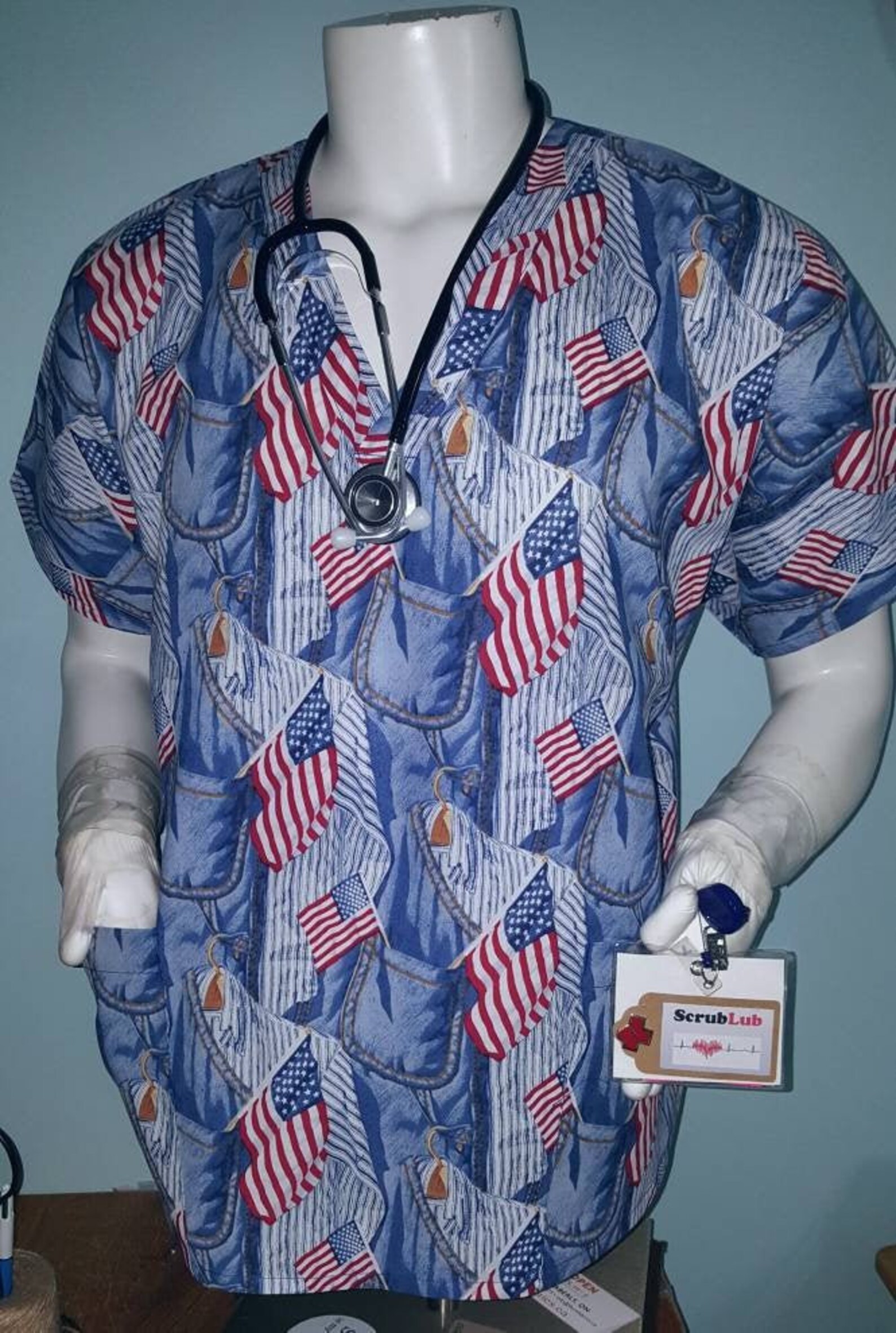 Scrub Tops Patriotic Denim Red White & Blue USA Flags Stars Etsy