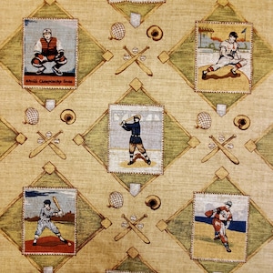 May include: Baseball-themed fabric with a repeating pattern of baseball players in action, baseballs, bats, and catcher's masks. The design features diamond shapes with a light green border and a beige background. The fabric has a vintage aesthetic.