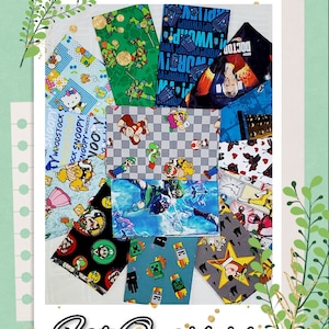May include: A collection of ten fat quarter fabric squares featuring various cartoon and video game characters. The fabrics include a checkered pattern with Mario and Luigi, a blue fabric with a Doctor Who theme, a green fabric with Teenage Mutant Ninja Turtles, a blue fabric with a Minecraft theme, a blue fabric with a Link from Legend of Zelda theme, a gray fabric with a Snoopy theme, a gray fabric with a Mickey Mouse theme, a gray fabric with a Goofy theme, a gray fabric with a Donald Duck theme, and a gray fabric with a Pluto theme.