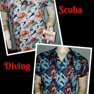 May include: Two medical scrub tops with a scuba diving theme. The top on the left has a white background with colorful coral and fish. The top on the right has a blue background with coral and fish. Both tops have the text "ScrubLab" on a tag.