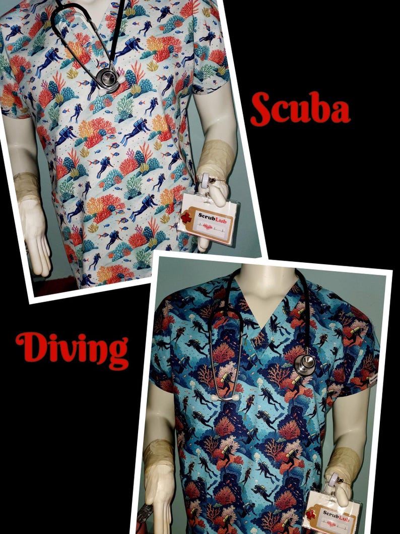 May include: Two medical scrub tops with a scuba diving theme. The top on the left has a white background with colorful coral and fish. The top on the right has a blue background with coral and fish. Both tops have the text "ScrubLab" on a tag.