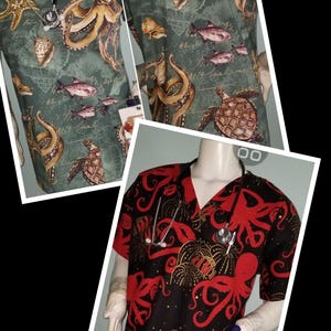 May include: Two different styles of medical scrubs with an octopus, starfish, and seashell print. The first scrub is green with a brown octopus and the second scrub is black with a red octopus.