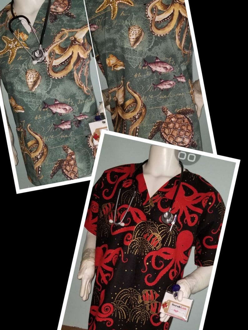 May include: Two different styles of medical scrubs with an octopus, starfish, and seashell print. The first scrub is green with a brown octopus and the second scrub is black with a red octopus.