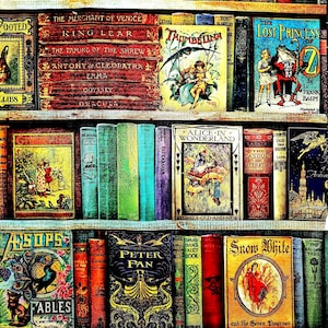 TISSU Classiques de la bibliothèque Contes de fées couvertures illustrées 100% coton premium pour patchwork, loisirs créatifs, couture, projets DIY, Peter Pan, Ésope, Alice