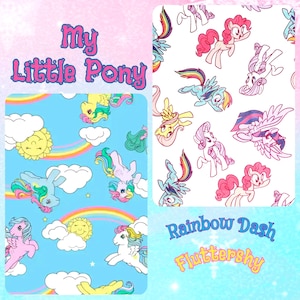 Tela My Little Pony Retro (2 opciones): 100% algodón. Disponible en yarda/media yarda/cuarto de yarda para manualidades, mamelucos y más. Diseño difícil de encontrar: Applejack, Rainbow Dash, Rarity, Fluttershy y Pinkie Pie.