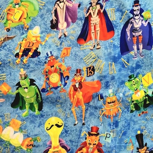 May include: Blue fabric with a repeating pattern of cartoonish skeleton figures in top hats and capes. The figures are in various colours, some holding flags or objects. Roman numerals and letters are scattered across the design.