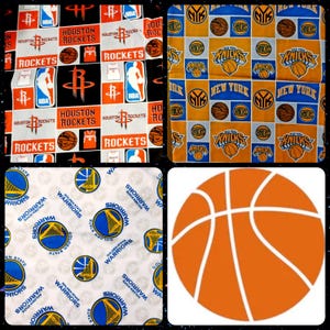 Peut inclure: Un collage de quatre images représentant différents logos d'équipes de la NBA. L'image en haut à gauche montre un motif noir et rouge avec le logo des Houston Rockets. L'image en haut à droite montre un motif jaune et bleu avec le logo des New York Knicks. L'image en bas à gauche montre un motif blanc avec le logo des Golden State Warriors. L'image en bas à droite montre un ballon de basket orange.