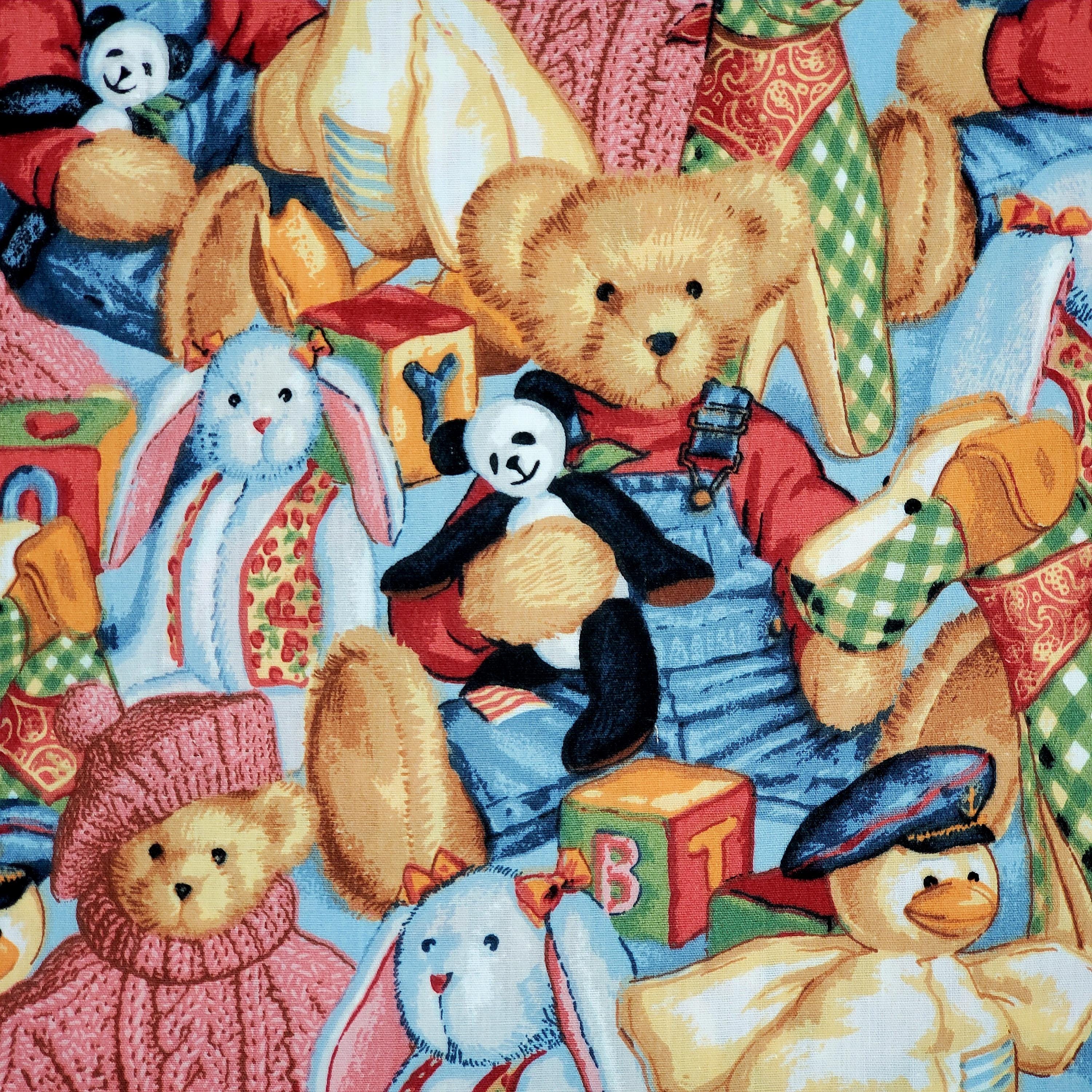 FABRIC by Yard or PANEL Teddy Bear Blue Jean Denim & Toys I SPY