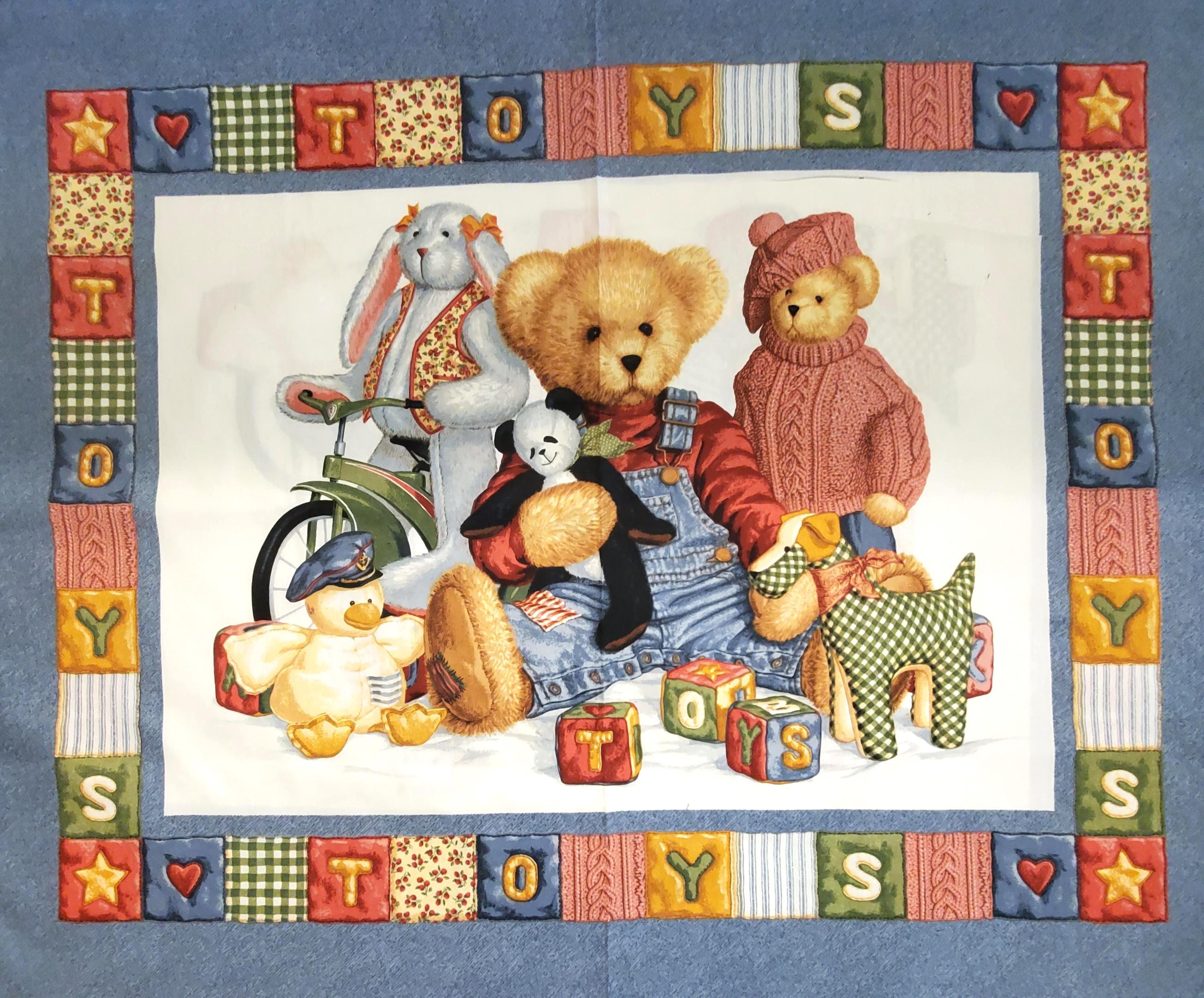 FABRIC by Yard or PANEL Teddy Bear Blue Jean Denim & Toys I SPY