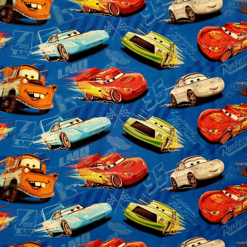 FABRIC Cars Pixar Lightning Mcqueen Mater Guido Luigi Sheriff Red Firetruck 100% quilting cotton 1/2 yd FQ kids decor boy nursery crafts image 1