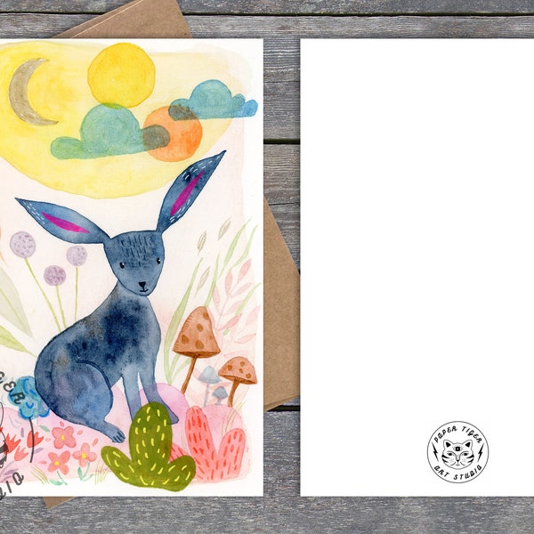 4x6 Blank Greeting Card with envelope, original watercolor art, bunny art, flat card for any occasion