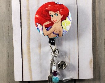 Disney THE LITTLE MERMAID Retractable Badge Reel with Dinglehopper (fork) Charm * nurse teacher gift * security badges work wear Fob holder
