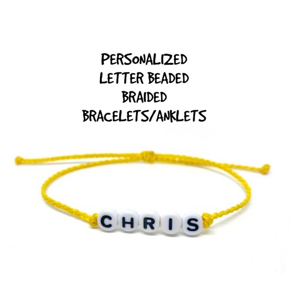 Personalized Beaded Letter Wax String Bracelet, Custom Word Bracelet or Anklet, Letter Bracelet, Alphabet Bracelet, Name Bracelet,