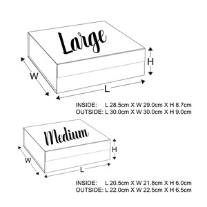 May include: Diagram showing the inside and outside dimensions of two boxes labeled "Large" and "Medium". The large box measures 28.5 inches by 29 inches by 8.7 inches inside and 30 inches by 30 inches by 9 inches outside. The medium box measures 20.5 inches by 21.8 inches by 6 inches inside and 22 inches by 22.5 inches by 6.5 inches outside.