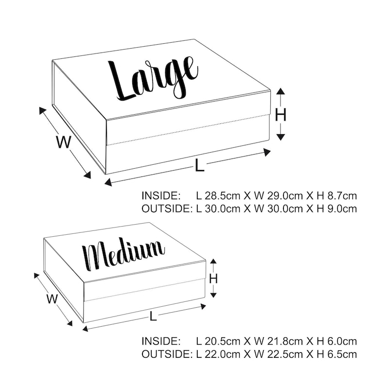 May include: Diagram showing the inside and outside dimensions of two boxes labeled "Large" and "Medium". The large box measures 28.5 inches by 29 inches by 8.7 inches inside and 30 inches by 30 inches by 9 inches outside. The medium box measures 20.5 inches by 21.8 inches by 6 inches inside and 22 inches by 22.5 inches by 6.5 inches outside.