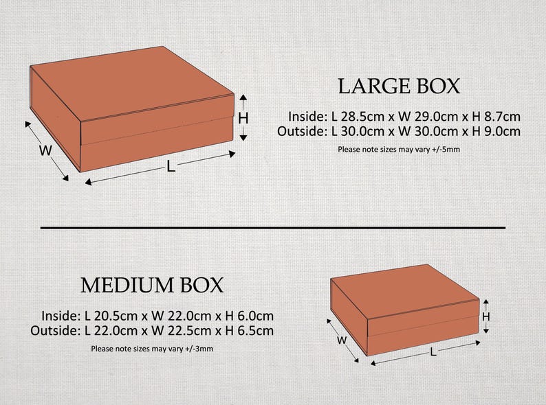Puede incluir: Un diagrama que muestra dos cajas rectangulares de color naranja terracota. La caja grande tiene dimensiones interiores de 28,5 cm x 29,0 cm x 8,7 cm y exteriores de 30,0 cm x 30,0 cm x 9,0 cm. La caja mediana mide 20,5 cm x 22,0 cm x 6,0 cm.