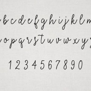 May include: A black script font alphabet featuring lowercase letters from a to z and numbers 1 through 0, excluding the number 7, displayed on a light gray textured background with the text P2 visible in the bottom right corner.