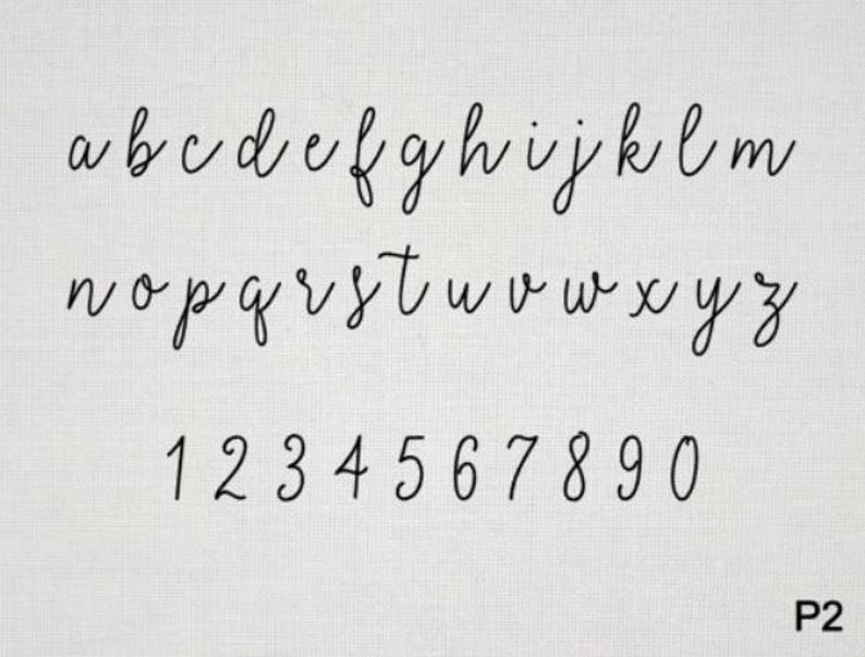 May include: A black script font alphabet featuring lowercase letters from a to z and numbers 1 through 0, excluding the number 7, displayed on a light gray textured background with the text P2 visible in the bottom right corner.