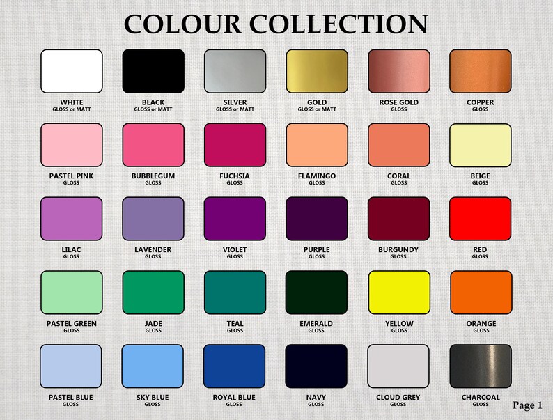 May include: A color collection chart featuring thirty rectangular swatches arranged in five rows and six columns. Each swatch is labeled with its color name and finish, including white, black, silver, gold, rose gold, copper, pink, red, purple, blue, green, yellow, orange, and grey.