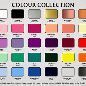 May include: A color chart with 36 different color swatches. Each swatch is labeled with a color name and whether it is gloss or matt finish. The chart is titled "COLOUR COLLECTION".