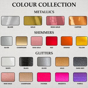 May include: A color collection chart labeled Page 2 featuring three categories: Metallics, Shimmers, and Glitters. The Metallics row shows silver, gold, rose gold, and copper. The Shimmers row displays silver, champagne, rose gold, red, orange, and yellow. The Glitters row includes white, black, silver, gold, dark grey, rose gold, champagne, fuchsia, magenta, and purple.
