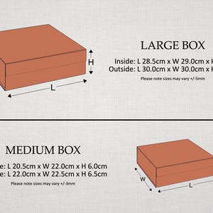 May include: A diagram showing two rectangular boxes in terracotta orange. The large box has inside dimensions of 28.5cm x 29.0cm x 8.7cm and outside dimensions of 30.0cm x 30.0cm x 9.0cm. The medium box has inside dimensions of 20.5cm x 22.0cm x 6.0cm.