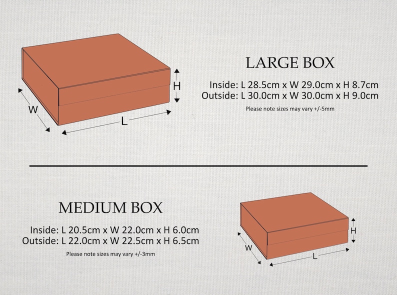 May include: A diagram showing two rectangular boxes in terracotta orange. The large box has inside dimensions of 28.5cm x 29.0cm x 8.7cm and outside dimensions of 30.0cm x 30.0cm x 9.0cm. The medium box has inside dimensions of 20.5cm x 22.0cm x 6.0cm.