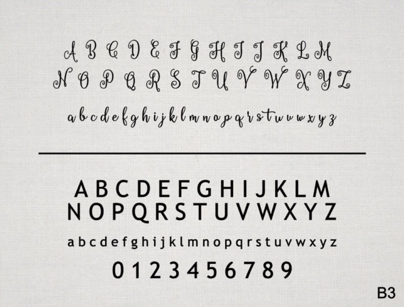 May include: A font alphabet chart with uppercase and lowercase letters, numbers 0-9, and the text "B3". The letters are in a cursive style and the numbers are in a sans-serif style.