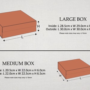 May include: Diagram showing the inside and outside dimensions of two boxes, a large box and a medium box. The boxes are brown and have a rectangular shape. The dimensions are listed in centimeters. The text "Please note sizes may vary +/-5mm" is below the large box and "Please note sizes may vary +/-3mm" is below the medium box.
