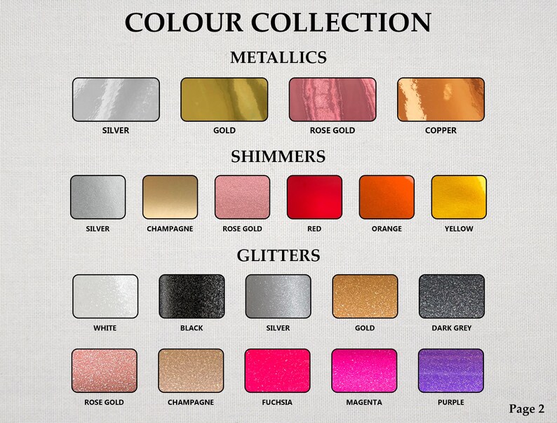 Puede incluir: Una tabla de colores etiquetada como P&aacute;gina 2 con tres categor&iacute;as: Met&aacute;licos, Brillantes y Purpurinas. La fila de Met&aacute;licos muestra plata, oro, oro rosa y cobre. La fila de Brillantes muestra plata, champ&aacute;n, oro rosa, rojo, naranja y amarillo. La fila de Purpurinas incluye blanco, negro, plata, oro, gris oscuro, oro rosa, champ&aacute;n, fucsia, magenta y morado.